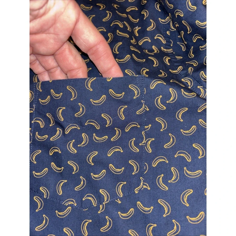 Banana Republic Men's M Shirt Navy Blue Banana Print Luxe Poplin LS Button-down